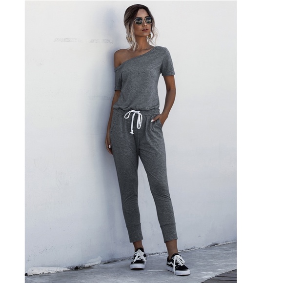 Contrast Tie Short Sleeve Grey Jumpsuit - Picture 5 of 16